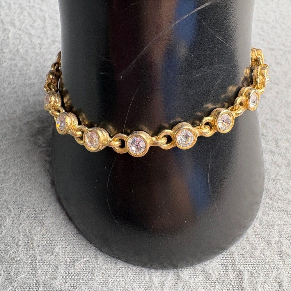 Vintage Gold Tone Pink Rhinestone Tennis Link Bracelet USA Made 7 Inch